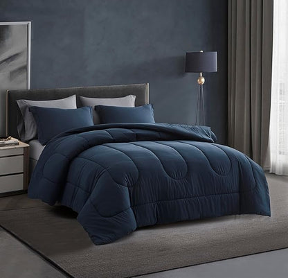 Maple&Stone Oversized Queen Comforter Sets 7 Pieces Bed in a Bag - Down Alternative Bed Set with Comforter, Sheets, Pillowcases & Shams, All Season Lightweight Bedding Set (Navy,98x98)
