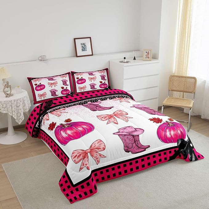 Erosebridal Pink Kawaii Cowgirl Bedding Comforter Sets King for Kids Girls Teen Women,Western Cowboy Boots Hat Bedding Set Cute Bowknot Pumpkin Comforter Set,Plaid Decor Quilt Duvet 2 Pillow Cases