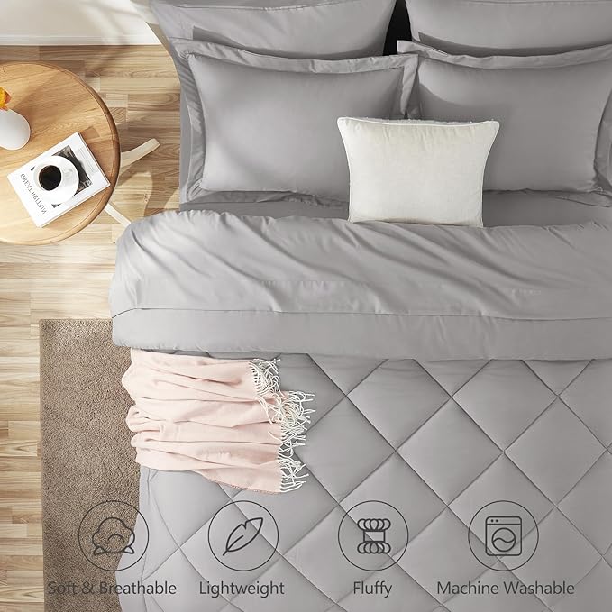 CozyLux King Size Comforter Set French Grey - 7 Pieces Bed in a Bag King, Luxury Soft Bed Set for All Seasons, Bedding Set with Down Alternative Comforter, Sheets, Pillowcases & Shams