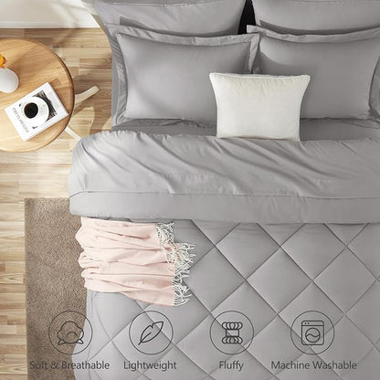CozyLux Queen Comforter Set French Grey - Bed in a Bag Queen Size 7 Pieces, Luxury Soft Bed Set for All Seasons, Bedding Set with Down Alternative Comforter, Sheets, Pillowcases & Shams