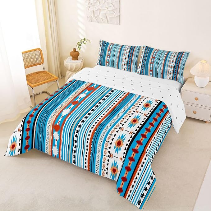 Erosebridal Western Decor,Vintage Exotic Indian Geometric Bedding Set Boho Western Comforter Set King,Ethnic Tribal Arrow Quilt Aztec Duvet Insert, Rustic Farmhouse Bedroom Blue White