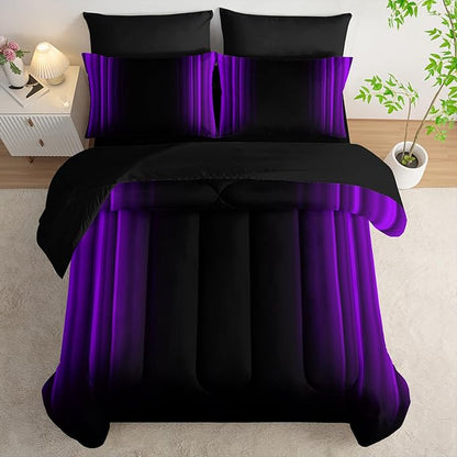 Purple and Black Bedding Set Queen Size Abstract Ombre Comforter Set Bedding Set 7 Piece in A Bag,Dark Quilt Set Mordern Art Decor All Seasons with Pillowcases,Flat, Fitted Sheet