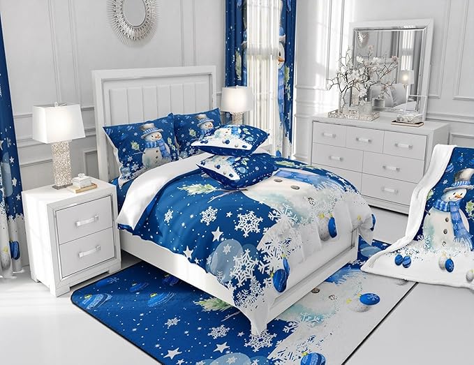 Cute Snowman Comforter Set King Size,Merry Christmas Quilt Set 3Pcs Xmas Bells and Snowflake Bedding Set for Kids Boys Girls Teens Room Decor Cartoon Blue White Duvet Insert,2 Pillowcases