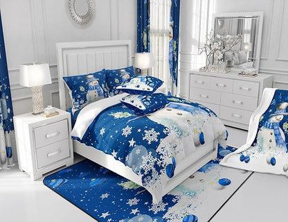 Cute Snowman Comforter Set Twin Size,Merry Christmas Quilt Set 2Pcs Xmas Bells and Snowflake Bedding Set for Kids Boys Girls Teens Room Decor Cartoon Blue White Duvet Insert,1 Pillowcase