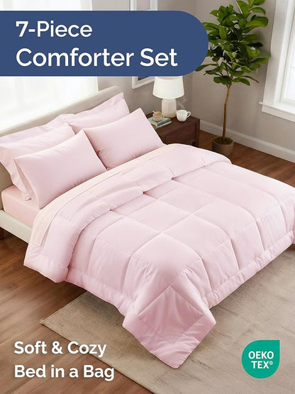 Queen Comforter Set - 5 Piece Bed in a Bag Queen Size Bed Set - Down Alternative Comforter, Flat Sheet, Fitted Sheet, Pillowcase & Shams for All Seasons - Ultra Soft, Comfy, Breathable - Lavender Pink