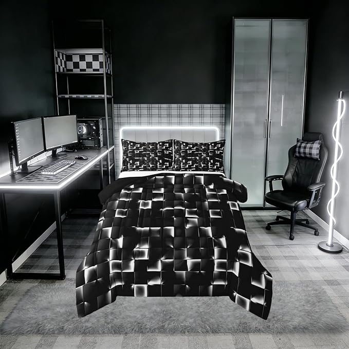 Erosebridal Geometric Checkered Comforter Full Size Neon Black White Comforter Set for Kids Teen Men Gamer Room Decor,Abstract Ombre Plaid Bedding Set Grids Quilt Duvet