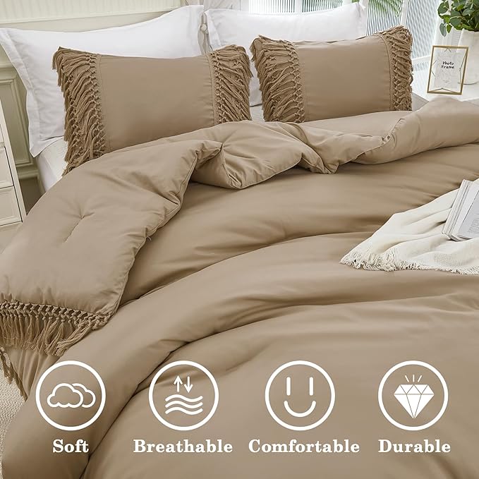 Andency Taupe Full Size Comforter Set, 3 Pieces Boho Tassel Lightweight Soft Bedding Comforter Sets, All Season Fluffy Fringe Bed Set (79x90In Comforter & 2 Pillowcases)