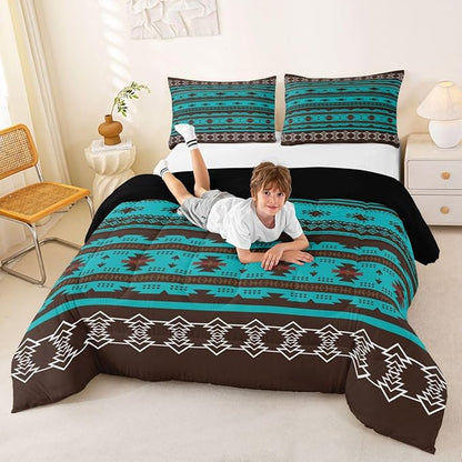 Erosebridal Western Decor,Vintage Exotic Indian Geometric Bedding Set Boho Comforter King,Ethnic Tribal Arrow Quilt Aztec Duvet Insert,Western Home Decor Rustic Farmhouse Bedroom Green Brown,Multi 39