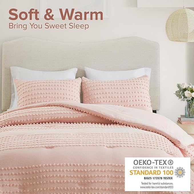 Comfort Spaces Cotton Comforter Set Jacquard Pom-Pom Tufts Design, Down Alternative, All Season Modern Bedding, Matching Shams, Twin/Twin XL, Phillips, Blush