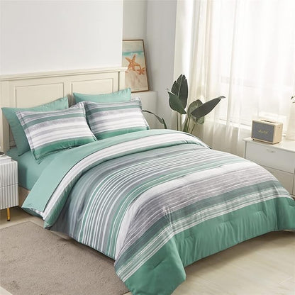KAKIJUMN 7 Piece Bed in a Bag Stripe Comforter Set Full Size, White Grey Sage Green Patchwork Striped Comforter and Sheet Set, All Season Soft Microfiber Complete Bedding Set(Green,Full)
