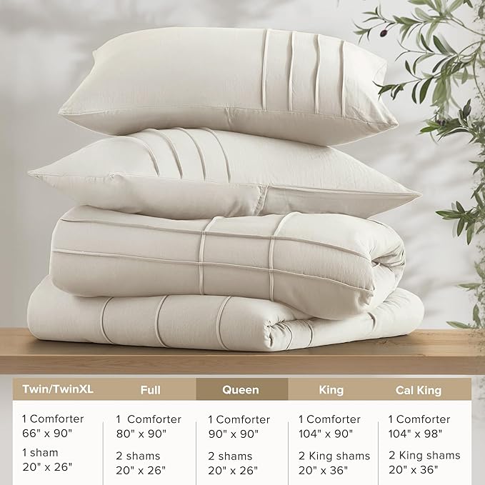 Comfort Spaces Cream Queen Size Comforter Set - 3 Pieces Pintuck Pleated Bedding Sets, All Season Lightweight, Extra Softness Pre-Washed Microfiber Queen Bed Set, Shams