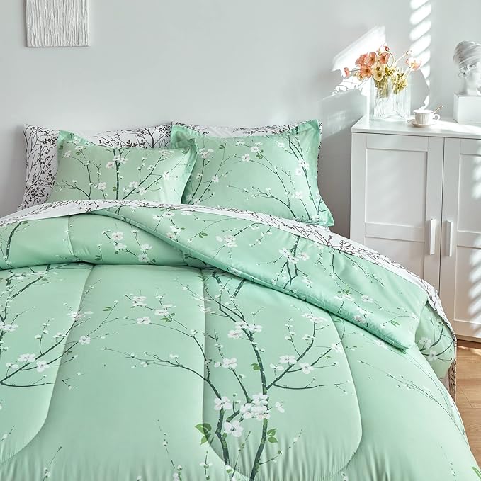 Green Comforter Sheet Set Bed in a Bag 6 Pieces Twin Size Tree Branch Bloom Flower Microfiber Reversible Bedding Set (1 Comforter 2 Pillow Shams 1 Flat Sheet 1 White Fitted Sheet 1 Pillowcases)