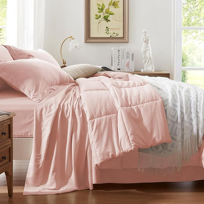 Anluoer Full Size Bed in a Bag 7 Pieces, Pink Bed Comforter Set with Sheets, All Season Bedding Sets with 1 Comforter, 2 Pillow Shams, 2 Pillowcases, 1 Flat Sheet, 1 Fitted Sheet