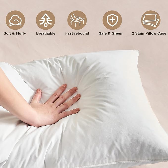 BHZ Grey Satin Goose Down Feather Pillows Queen Size Set of 2 with Satin Pillowcase for Hair and Skin, Cooling Pillow Cases Similar to Silk Pillow Cases, Decorative for Women, Mom Men