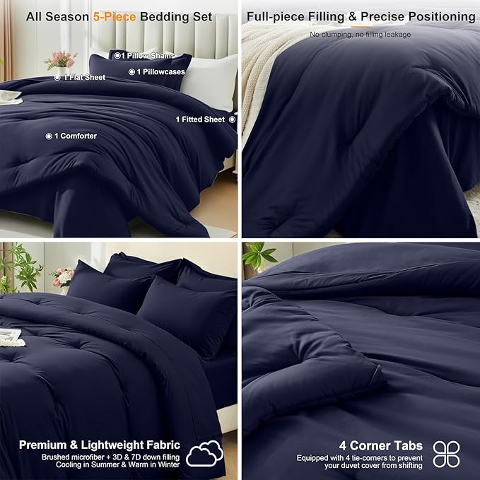 Twin Comforter Set 5 Pieces - Ultra-Soft Bed in a Bag Twin Size, Cozy Luxury All Season Bedding Sets with Comforter, Flat Sheet, Fitted Sheet, 1 Pillow Shams & 1 Pillowcases, Navy Blue