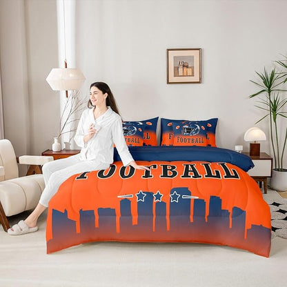 Erosebridal American Soccer Queen Boys 7 Pcs Bedding Set Sports Rugby Blue Orange Comforter Set with Sheets for Kids Teen Adults,Football City Bed in A Bag Ball Sports City Theme Bed Set