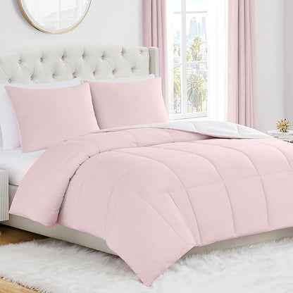 Juicy Couture Reversible Box Stitch Comforter Set, 3-Piece Full/Queen – Pink Marshmallow/White– Glam Bedding Set
