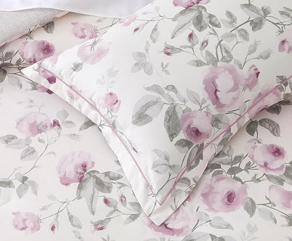 SLEEPBELLA Comforter King Size, 600 Thread Count Cotton White Print with Purple Flowers Reversible Comforter Sets, Down Alternative Bedding Set 3Pcs(King, Purple Floral)