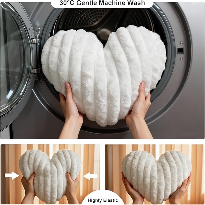 2 Pcs White Heart Throw Pillows, 16 Inch Soft Fluffy Heart-Shaped Comfort Pillows with Calming Texture, Hug Pressure for Relaxing Moments, Ideal for Sofa, Reading, and Naps (White)