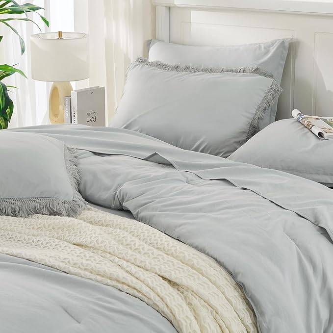 Andency Light Grey King Size Comforter Set with Sheets - 7 Pieces Boho Tassel Bed in a Bag Soft Lightweight Bedding Sets, Light Grey Fringe Bed Set with Comforter, Sheets, Pillowcases & Shams