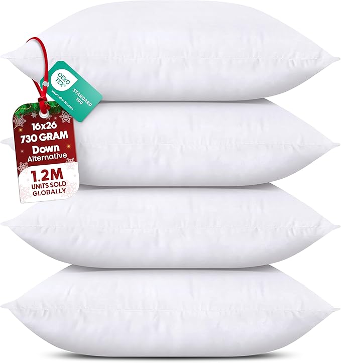 Utopia Bedding Throw Pillows (Set of 4, White) – 16 x 26 Inches Down Alternative Pillows for Bed, Sofa, and Couch - Fluffy Decorative Stuffer Pillow for Indoors & Outdoors