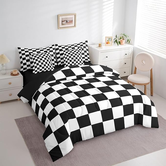 Feelyou Checkered Retro 7 Piece Bedding Set Teen Women Men Black White Plaid Comforter Set with Sheets Twin Size Kids Boys Geometric Vintage Bed in a Bag Modern Simple Groovy Aesthetic Room Decor
