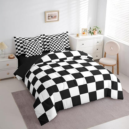 Feelyou Checkered Retro 7 Piece Bedding Set Teen Women Men Black White Plaid Comforter Set with Sheets Twin Size Kids Boys Geometric Vintage Bed in a Bag Modern Simple Groovy Aesthetic Room Decor