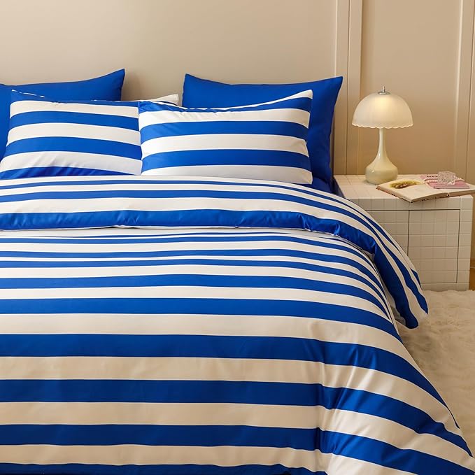 KAREVER Royal Blue White Stripes Comforter Set Queen Size Royal Blue White Stripes Bedding Set 3 PCs Comforter Set Queen Size Fluffy Linen Comforter Sets