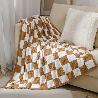 MorroMorn Checkered Throw Blanket for Couch, 2-Layers Soft Cozy Fleece Plaid Blankets Checkerboard Grid - Fluffy Fuzzy Plush Warm for Sofa Chair Bed Fall Home Decor Gifts (Camel, Throw 50"x60")
