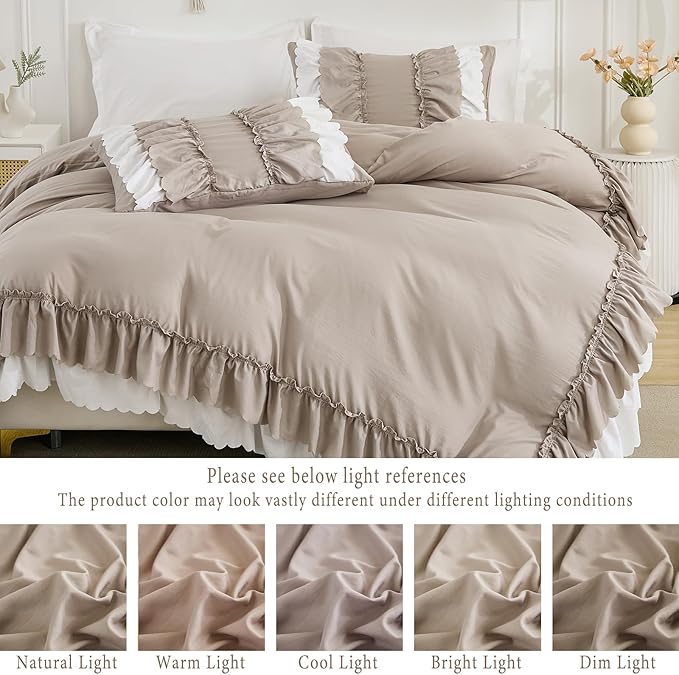 Herside Taupe Ruffle Comforter Set Queen Size,Shabby Chic Boho Bedding Sets, Soft Fluffy Comforters Sets for All Season,Vintage Ruffled 3 Pcs Microfiber Lightweight Quilt Set for Women Girls