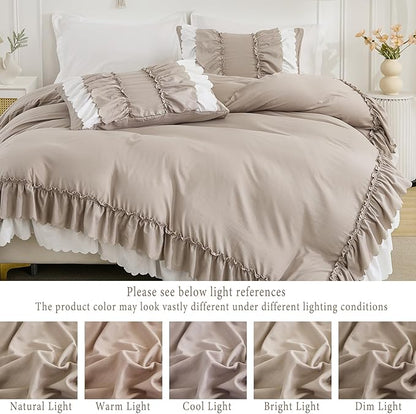 Herside Taupe Ruffle Comforter Set King Size,Shabby Chic Boho Bedding Sets, Soft Fluffy Comforters Sets for All Season,Vintage Ruffled 3 Pcs Microfiber Lightweight Quilt Set for Women Girls