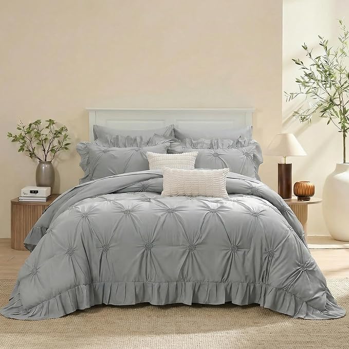 Bedbay Grey Ruffle Comforter Set Queen Size 9 Pcs,Boho Queen Comforter Set with Sheets,Pinch Pleat Bedding Set,Farmhouse Comforter Bed Set,Microfiber Exquisite Ruffle Duvet Set