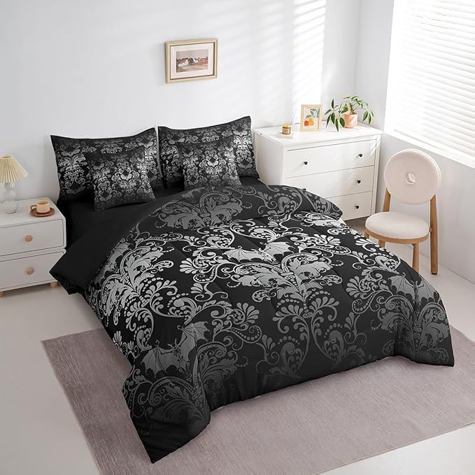 Erosebridal Gothic Damask Comforter Set 7 Piece Bed in a Bag Twin,Halloween Bat Bedding Sets White Black Victorian Floral Goth Sheet Set with Comforter