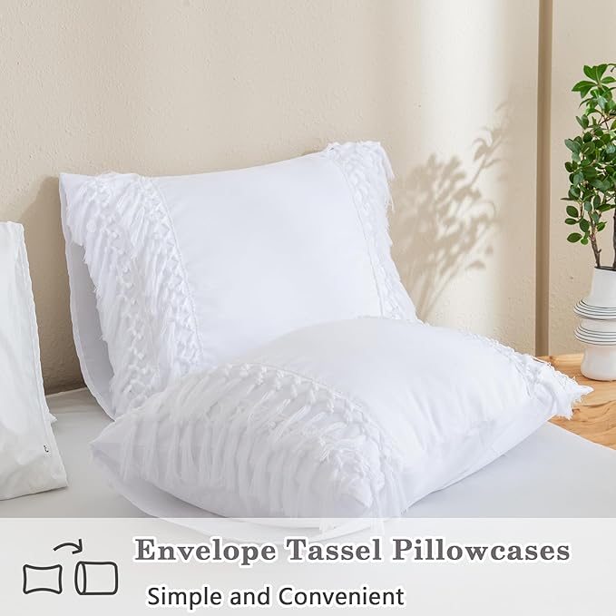 Andency White Full Size Comforter Set, 3 Pieces Boho Tassel Lightweight Soft Bedding Comforter Sets, All Season Fluffy Fringe Bed Set (79x90In Comforter & 2 Pillowcases)