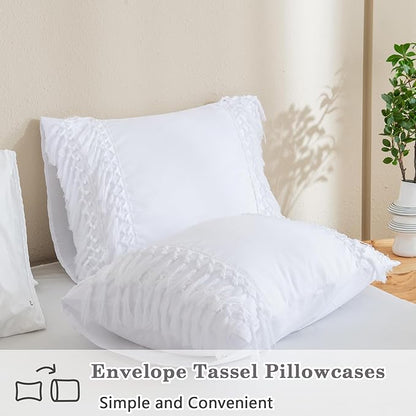 Andency White Full Size Comforter Set, 3 Pieces Boho Tassel Lightweight Soft Bedding Comforter Sets, All Season Fluffy Fringe Bed Set (79x90In Comforter & 2 Pillowcases)