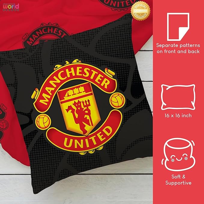 Character World Manchester United FC Official Red Cushion, Super Soft Reversible 2 Sided, Soccer Club Design, Perfect for Any Bedroom, Sofa or on The Bed 16 x 16 Inches