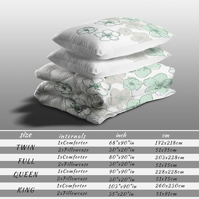 Raphus cucullatus Floral Comforter Set Queen Size,Green Flower Bedding Set,Botanical Bedding Pretty Floral Comforter Set,Flower Quilt Queen Size