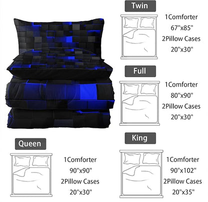 Neon Blue Black Comforter Set Twin Geometric Kids Bedding Set,3 PCS Geometry Honeycomb Bed Set Modern Quilt Set 1 Comforter 2 Pillow Cases Cool Room Decor All Season B-Side Black