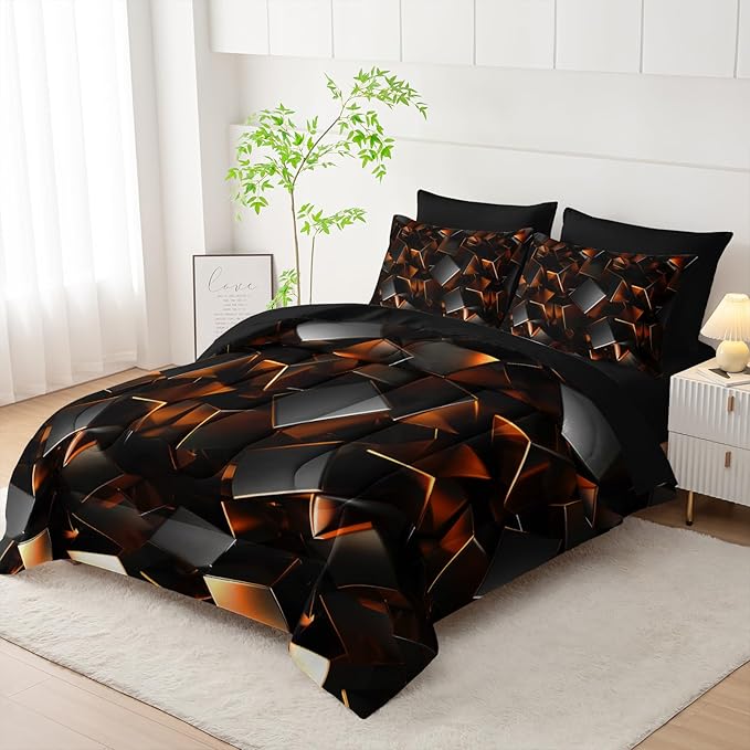 Black and Yellow Geometric Comforter Set Twin Size 7PCS,Abstract Triangular Printed Bedding Set for Adults,Geometric Mordern Art Decor All Seasons with Pillowcases,Flat, Fitted Sheet