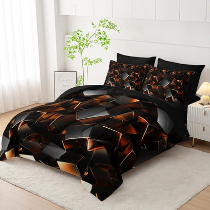 Black and Yellow Geometric Comforter Set Queen Size 7PCS,Abstract Triangular Printed Bedding Set for Adults,Geometric Mordern Art Decor All Seasons with Pillowcases,Flat, Fitted Sheet