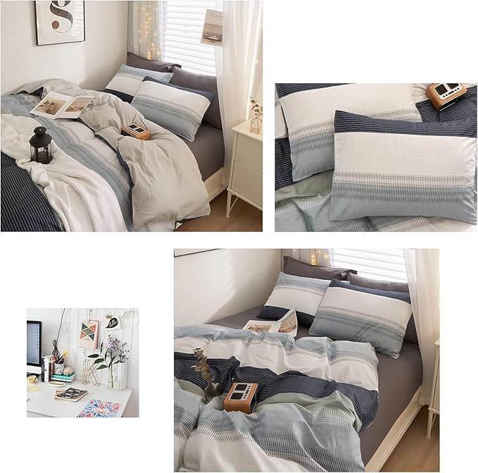 VM VOUGEMARKET Modern Comforter Set Twin Gray Blue Stripes Bedding Comforter with 2 Pillowcases Modern Style Lightweight Soft Twin Comforter Set for Boys