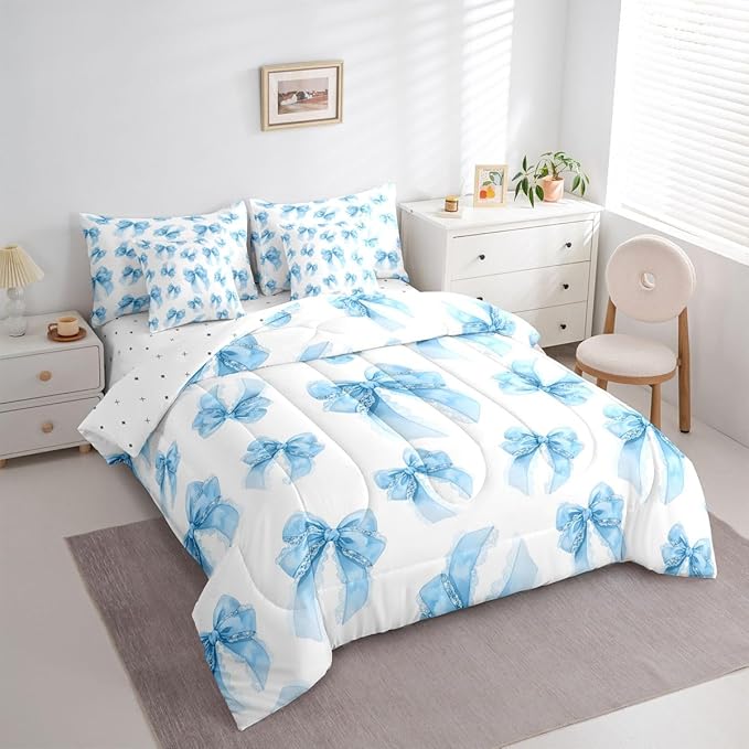 Erosebridal Kawaii Cute Girls Bowknot Blue King 7-Piece Comforter Set | Lace Dreamy Sheets and Pillowcases Princess Bed in A Bag Bow Kids Bed Sets