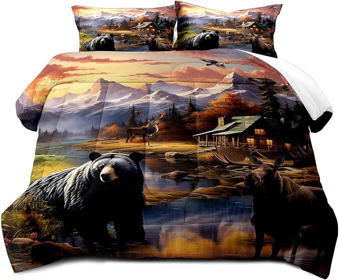 LUVIVIHOME 3PCS Black Bear Deer Moose Comforter Set Full Size, Mallard Duck Mountain Woodland Forest Animal Wildlife Hunting Hunter Country Lodge Rustic Farmhouse Cabin Bedding Sets, 2 Pillow Shams