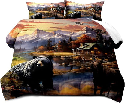 LUVIVIHOME 3PCS Black Bear Deer Moose Comforter Set Full Size, Mallard Duck Mountain Woodland Forest Animal Wildlife Hunting Hunter Country Lodge Rustic Farmhouse Cabin Bedding Sets, 2 Pillow Shams