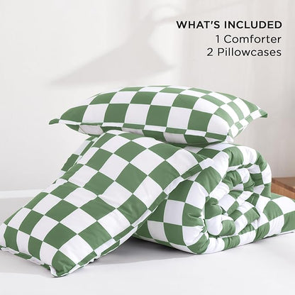 Andency Green Checkered Comforter Queen(90x90Inch), Plaid Gingham Buffalo Grid Bedding Comforter Sets for Boys Kids Teens, 3 Pieces Lightweight Microfiber Geometric Preppy Bed Set