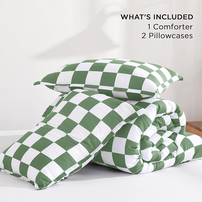 Andency Green Checkered Comforter Full(79x90Inch), Plaid Gingham Buffalo Grid Bedding Comforter Sets for Boys Kids Teens, 3 Pieces Lightweight Microfiber Geometric Preppy Bed Set