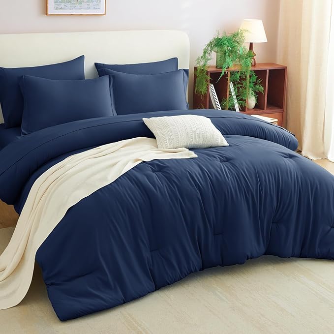 CozyLux Twin Comforter Set Navy Blue, 5 Pieces Bed in a Bag Twin Comforter Set with Sheets, All Season Bed Sets with Down Alternative Comforter, Fitted Sheet, Flat Sheet, Pillow Sham and Pillowcase