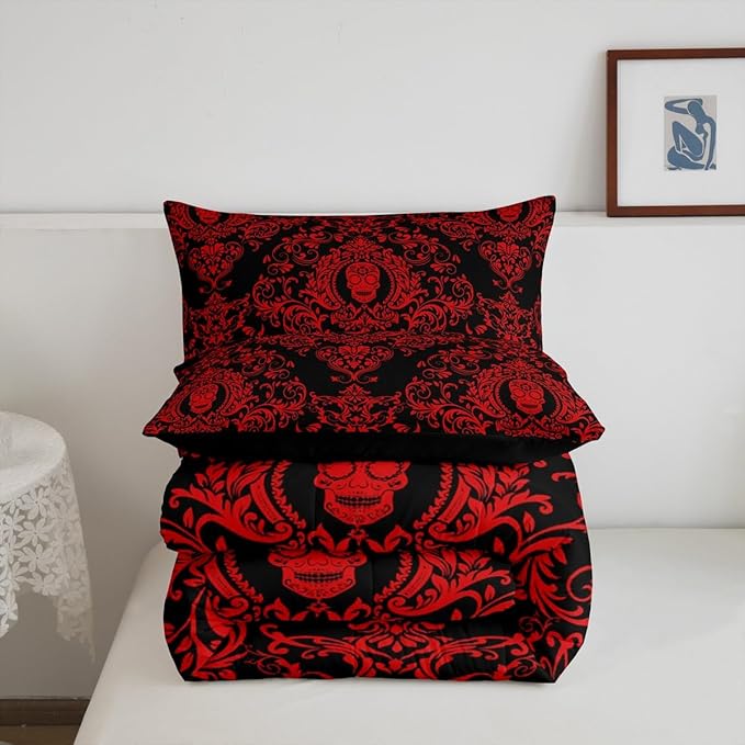 Feelyou Adults Red Vintage Damask Floral Comforter Set Oriental Antique Comforter Twin Size Gothic Bohemia Boho Bedding Set Exotic Sugar Skull Duvet Set Quilt Set 2Pcs