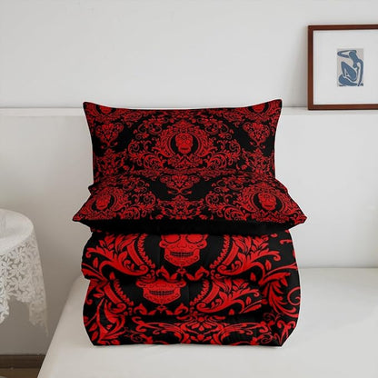 Feelyou Adults Red Vintage Damask Floral Comforter Set Oriental Antique Comforter Twin Size Gothic Bohemia Boho Bedding Set Exotic Sugar Skull Duvet Set Quilt Set 2Pcs