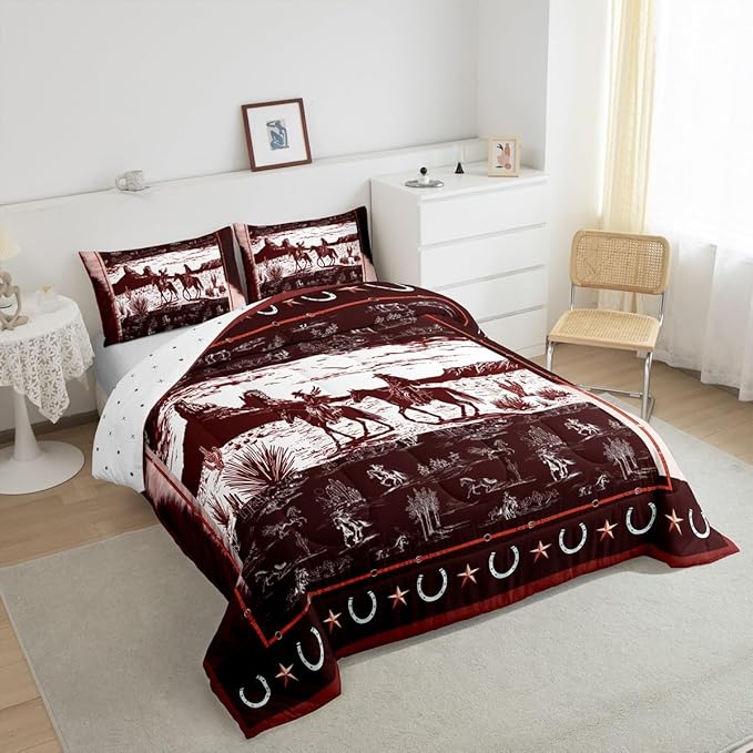 Feelyou Western Aztec Comforter Set Toddler Size Horse Cowboy Bedding Set for Boys Men Kids Teens Rustic Western Decor Country Wild West Down Comforter Red Duvet Set with 1 Pillowcase